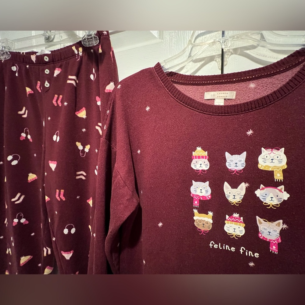 2 Pc PJ Set- Cute Cat Design in Burgundy , Matching Set, Very Soft